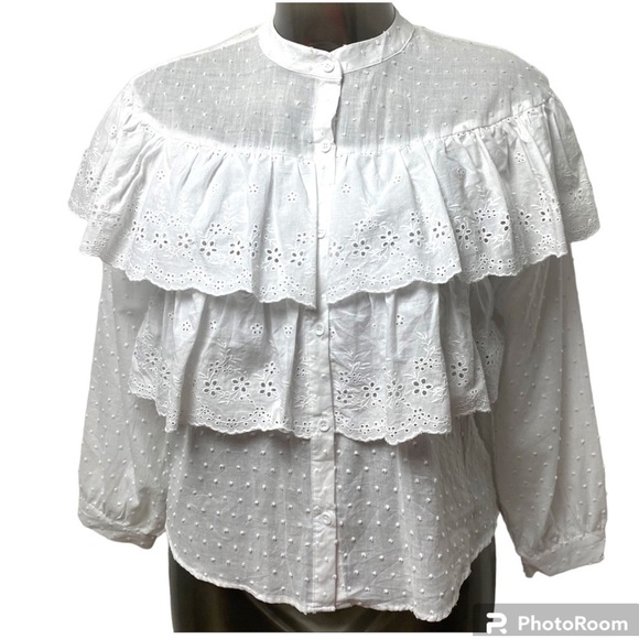 ALICE BLUE WHITE EYELET CREW NECK BUTTON DOWN LONG SLEEVE TOP BLOUSE SIZE LARGE - Picture 2 of 12